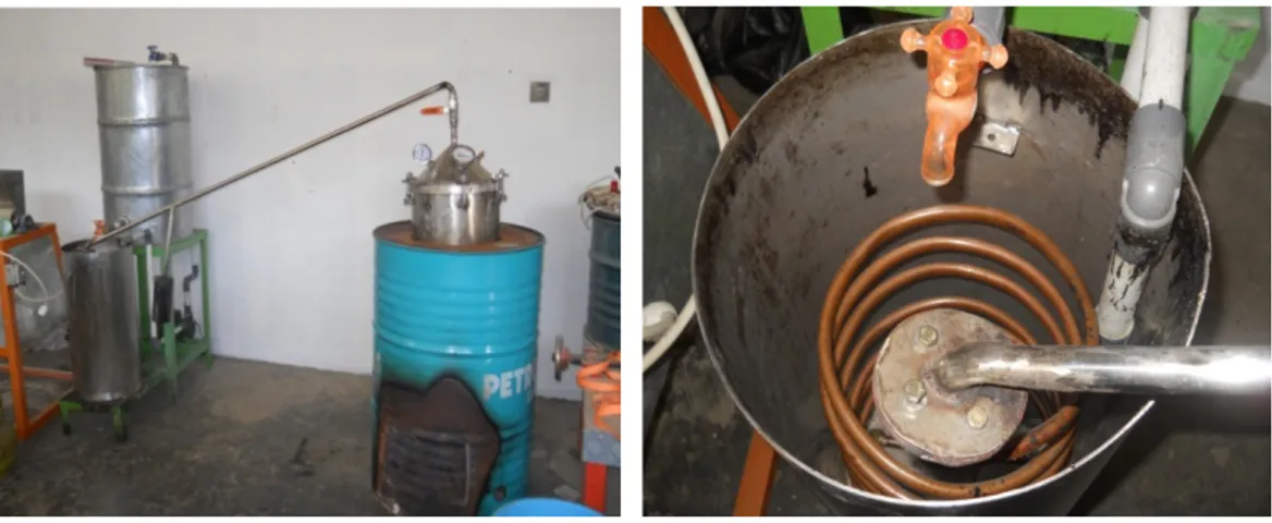 Gambar 3. Perangkat penghasil asap cair ( a) pirolisator   (b) kondensor  c. Proses pembuatan asap cair 