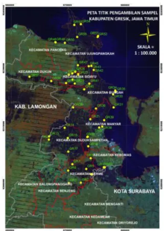 Gambar  1. Lokasi penelitian di kawasan pertambakan Kabupaten  Gresik Jawa  Timur