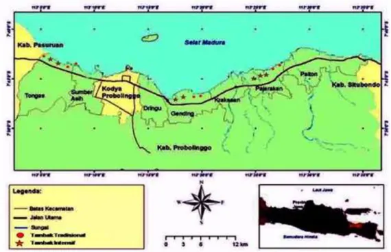 Gambar 1. Peta lokasi sampling plankton dan kualitas air di tambak intensif dan tradisional                    Kabupaten Probolinggo, Provinsi Jawa Timur