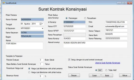 Gambar 4.56. Rancangan User Interface Surat Kontrak Konsinyasi Harga  Jual Ditentukan Pihak Pertama 