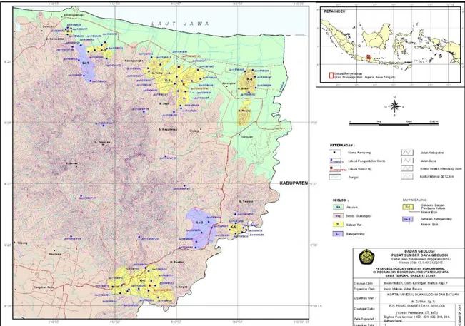 Gambar 1. Peta Geologi dan Sebaran Agromineral di Kecamatan Donorojo, Kkabupaten  Jepara, Provinsi jawa Tengah 