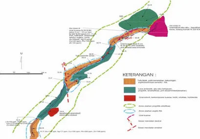 Gambar 5. Sketsa Detail Mineralisasi di daerah hulu Sungai Air Semuang,   Teratak Tempatih, Kec
