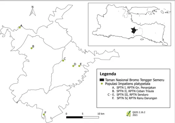 Gambar 2. Titik lokasi ditemukannya populasi tumbuhan pacar tere di kawasan TNBTS 