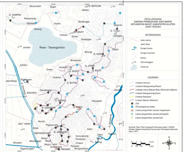 Gambar 1.   Peta lokasi dan lintasan penelitian yang meliputi daerah Perbukitan Jiwo Barat, Bayat,  Klaten, Jawa Tengah 