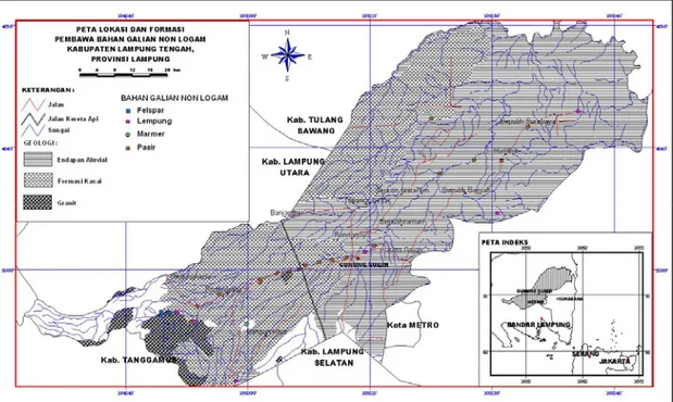 Gambar 1. Peta lokasi dan formasi pembawa bahan galian non logam di Kabupaten Lampung  Tengah
