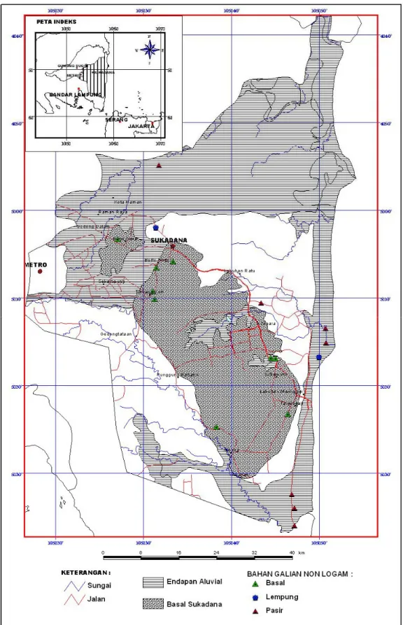 Gambar 2. Peta lokasi dan formasi pembawa bahan galian non logam di Kabupaten Lampung  Timur 