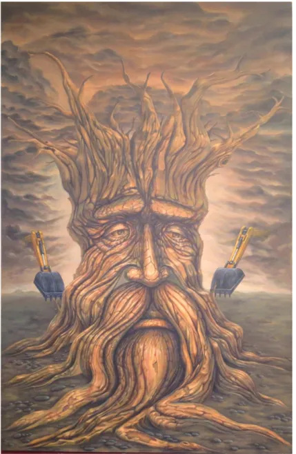 Gambar  1  Judul  :  Tangis  pohon  tua,  Ukuran  :130  x  200cm,  Bahan  :  Akrilik  Di  Atas Kanvas, Sumber: Dokumentasi Edi  Suhendra