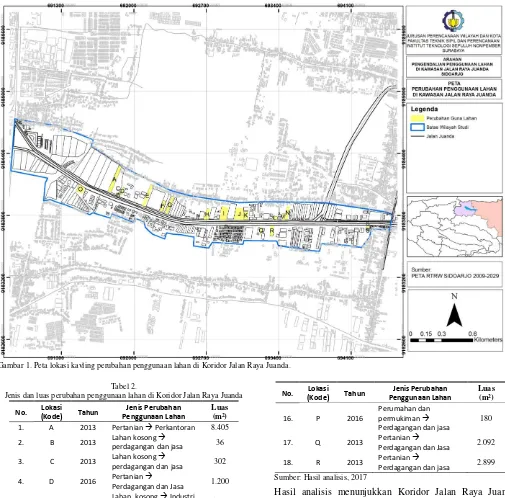 Gambar 1. Peta lokasi kavling perubahan penggunaan lahan di Koridor Jalan Raya Juanda