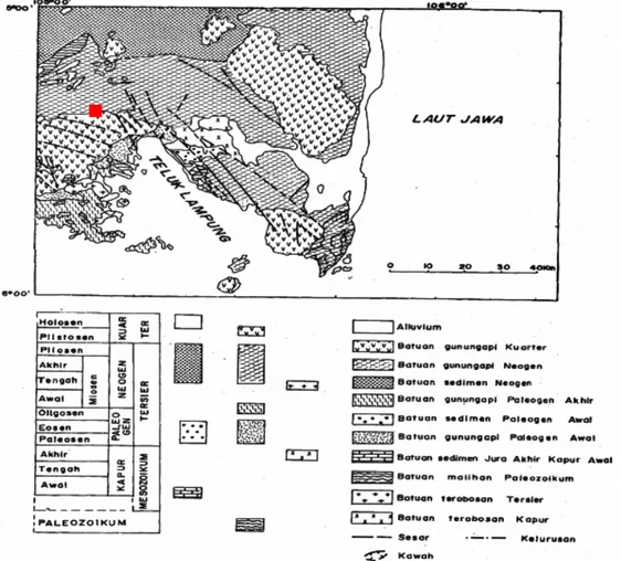 Gambar  1. Peta  Geologi  Regional  Penelitian,  kotak  merah  area  penelitian  (Mangga  dkk., 1993).