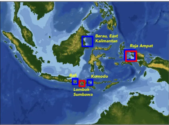 Gambar	
  3.	
  Peta	
  menunjukkan	
  lokasi	
  dari	
  6	
  populasi	
  utama	
  pari	
  manta	
  yang	
  diusulkan	
  untuk	
  program	
  