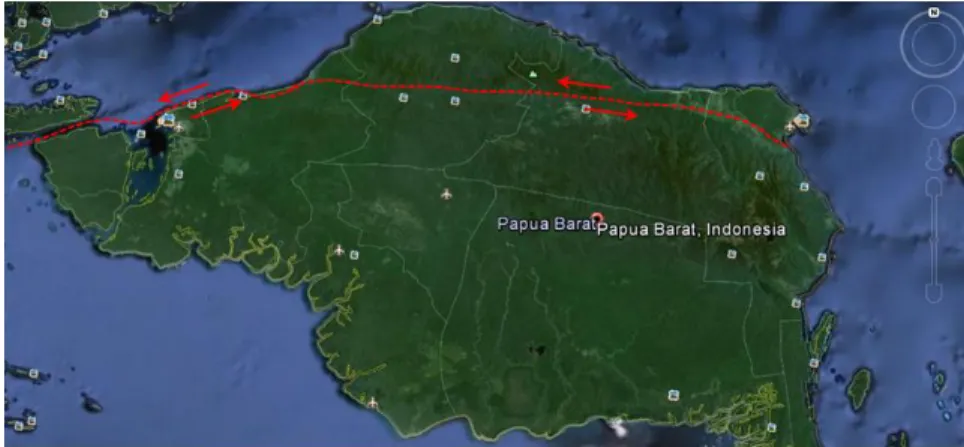 Gambar 3. Kenampakan lineament Sesar Sorong yang terlihat di bagian utara   dari Kepala Burung 