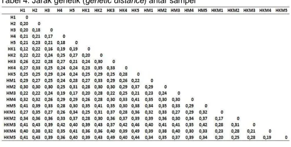 Tabel 4. Jarak genetik (genetic distance) antar sampel 