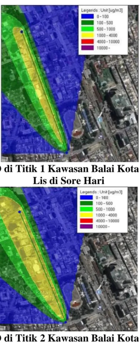 Gambar 2. Pola Sebaran CO di Titik 2 Kawasan Balai Kota Menggunakan Model Meti- Meti-Lis di Sore Hari 