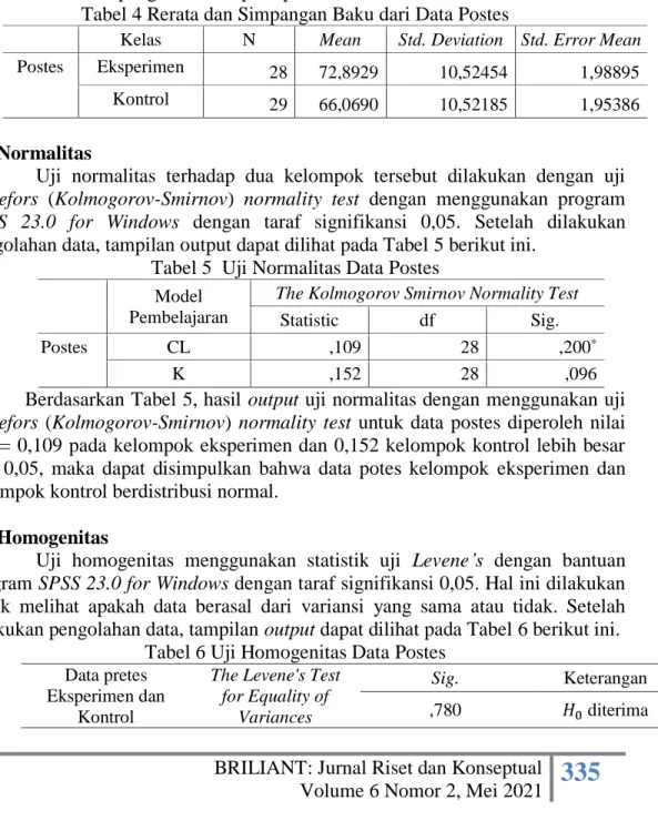 Tabel 4 Rerata dan Simpangan Baku dari Data Postes 