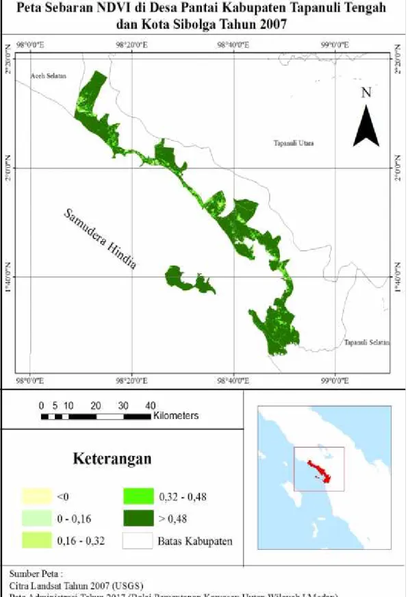 Gambar 6. Peta Sebaran Normalized Difference Vegetation Index (NDVI) di Desa Pantai Kabupaten Tapanuli Tengah dan Kota Sibolga Tahun 2007