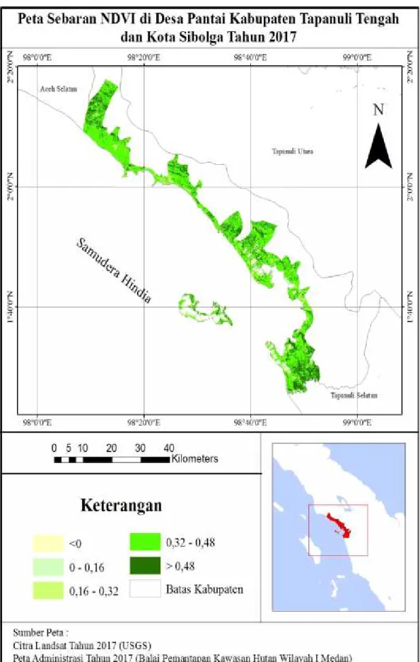 Gambar 7. Peta Sebaran Normalized Difference Vegetation Index (NDVI) di Desa Pantai Kabupaten Tapanuli Tengah dan Kota Sibolga Tahun 2017