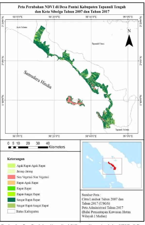 Gambar 9. Peta Perubahan Normalized  Difference  Vegetation  Index (NDVI) di  Desa Pantai Kabupaten Tapanuli Tengah dan Kota Sibolga Tahun 2007 dan 2017