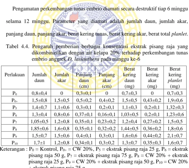 Tabel  4.4.  Pengaruh  pemberian  berbagai  konsentrasi  ekstrak  pisang  raja  yang  dikombinasikan dengan air kelapa 20% terhadap perkembangan tunas  embrio anggrek D