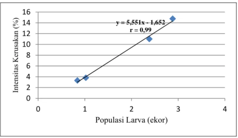 Gambar 1. Hubungan Populasi larva S. litura dan Intensitas Kerusakan 