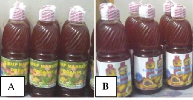 Gambar  5.  Produk  sirup  markisa  hasil  kreasi  kelompok PKK Lau Cih (A) dan Sidomulyo (B) 