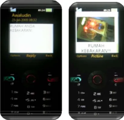 Gambar 14 menunjukkan SMS dan MMS yang diterima oleh handphone owner jika  terjadi kebakaran : 