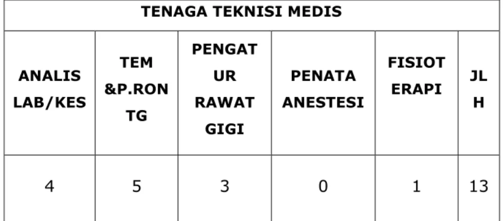 Tabel    5    menunjukkan  bahwa  untuk  tenaga  tekhnisi  medis  yang  ada  berjumlah    13  orang  dengan  kualifikasi  pendidikan  sebagai  berikut:  Analisis  Lab  4  orang,  Tekhnisi  Elektromedis  dan  radiografer  5  orang,  Pengatur  Rawat  Gigi  3