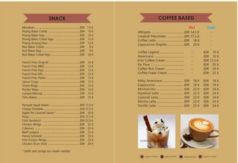 Gambar 2.2 daftar menu  snack &amp; Coffee based 2.  Menu main course dan manual Coffee &amp; singlet origin 