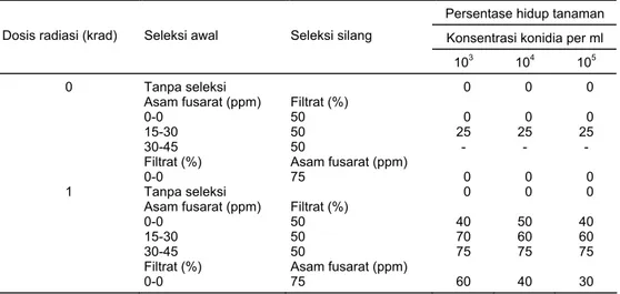 Tabel 1 menunjukkan hasil pengujian ketahanan  planlet  abaka  terhadap         F. oxysporum berupa persentase hidup tanaman setelah diinfeksi dengan konidia  pada beberapa taraf konsentrasi