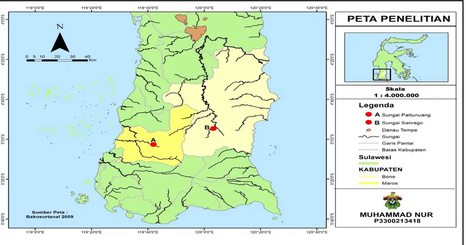 Gambar 3. Peta lokasi pengambilan ikan contoh di Sungai Pattunuang, Kabupaten Maros (A), dan di Sungai Sanrego,  Kabupaten Bone (B)