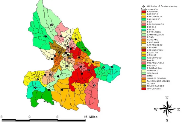 Gambar  2.1  Peta  Wilayah  dan  Penyebaran  Puskesmas  di  Kabupaten  Tulungagung Tahun 2011