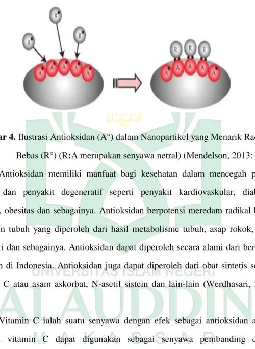 Gambar 4. Ilustrasi Antioksidan (A°) dalam Nanopartikel yang Menarik Radikal  Bebas (R°) (R:A merupakan senyawa netral) (Mendelson, 2013: 422)