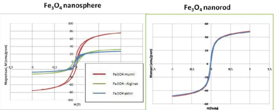 Gambar 4. Hasil Vibrating Sample Magnetometer Fe 3 O 4 nanosphere dan  nanorod 
