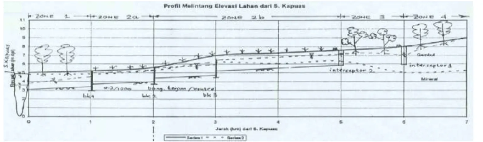 Gambar 1. Profil melintang elevasi lahan dan pembagian zona (Arifjaya dan Kalsim, 2003)