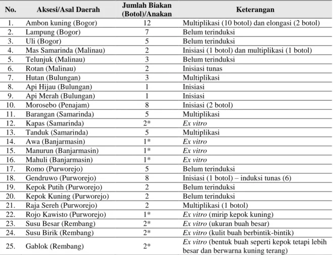 Tabel 5.    Daftar koleksi plasma nutfah pisang secara ex vitro dan in vitro 
