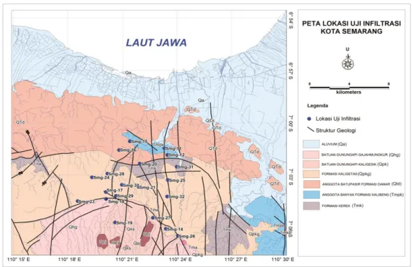 Gambar 3. Peta Lokasi Uji Infiltrasi Berdasarkan Peta Geologi di Kota Semarang 