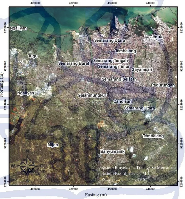 Gambar 2.1. Peta administrasi kota Semarang (Citra Ikonos , 2012)  Sistem Proyeksi   : Transverse Mercator Sistem Koordinat : UTM 