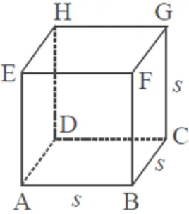 Gambar di atas menunjukkan sebuah kubus yang panjang setiap rusuknya adalah s. Ingat bahwa sebuahkubus memiliki 6 buah sisi yang setiap rusuknya sama panjang. Pada gambar di atas, keenam sisi tersebut adalah sisi ABCD, ABFE, BCGF, EFGH, CDHG, dan ADHE. Karena panjang setiap rusuk kubus s, maka luas setiap sisi kubus = s2. Dengan demikian,luas permukaan kubus = 6s2.L = 6s2,Dengan:L = luas permukaan kubuss = panjang rusuk kubus