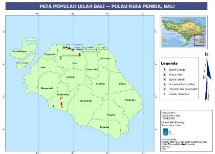 Gambar 1 . Peta Lokasi Pengamatan Burung Jalak Bali di Desa Ped dan Desa Batumadeg Berdasarkan Koordinat (    : Lokasi Pengamatan,  : Lokasi Ditemukan Jalak Bali)  