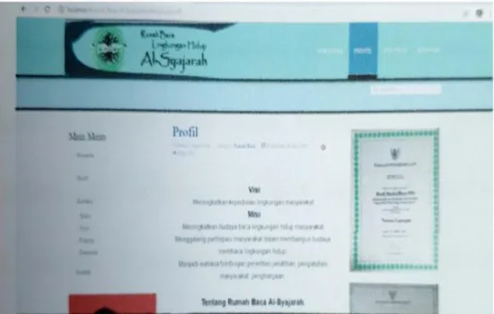 Gambar  3  adalah  tampilan  untuk  halaman  Profil  Rumah  Baca,  yang  berisi  visi  misi latar belakang pendirian rumah baca tersebut