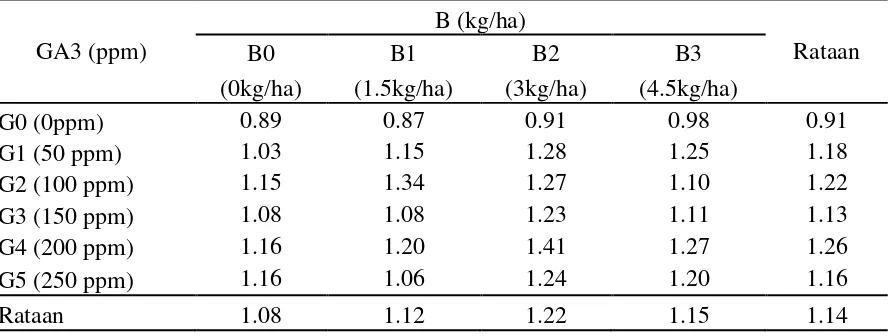 Tabel 9. Rataan bobot biji per plot (gram) tanaman bawang merah pada  pemberian GA3 (ppm) dan pupuk Boron (kg/ha) 