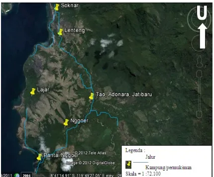 Gambar 1. Peta lokasi penelitian di bentang alam Mbeliling bagian barat,  Flores (modifikasi Google Earth, 2010) 