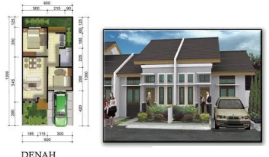 Gambar 1. Desain fasad dan denah rumah modern  di perumahan masa kini.