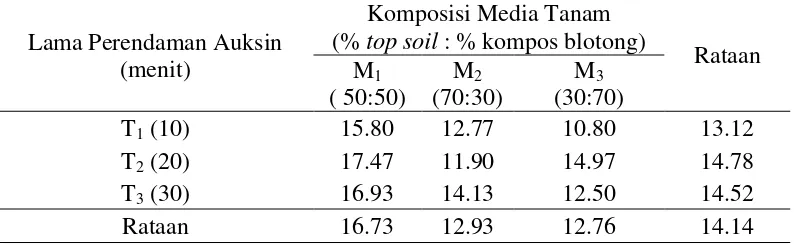 Tabel 1. Rataan kecepatan tumbuh tunas bibit tebu 5 HST (hari) pada komposisi media tanam dan lama perendaman auksin