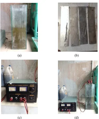 Gambar L3.1 (a) Bak Kaca, (b) Plat Aluminium, (c) Supply DC dan (d) Perakitan Alat Yang Sudah Selesai