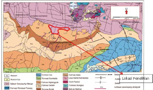 Gambar 1. Peta geologi Pegunungan Baturagung, Perbukitan Jiwo dan wilayah di sekitarnya (Surono, 2008) 