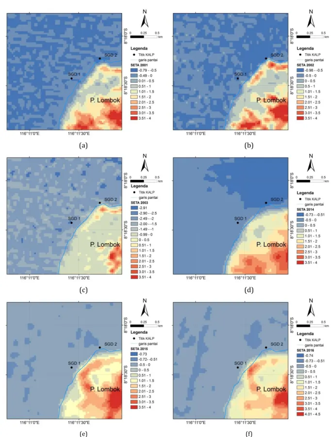 Gambar 4. Peta sebaran anomali suhu efektif standar (Standardised Effective Temperature Anomaly/SETA) dengan  interval kelas 0,5 pada tahun (a) 2001, (b) 2002, (c) 2003, (d) 2014, (e) 2015, dan (f) 2016