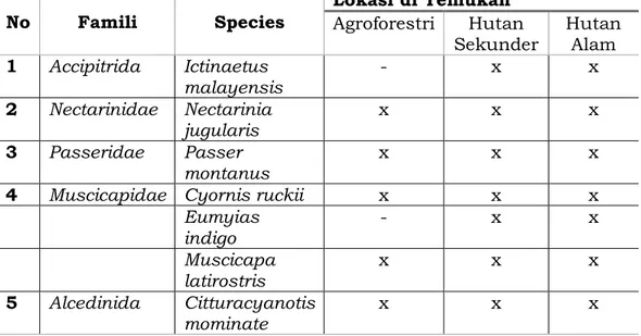 Tabel 1. Jenis Burung yang Ditemukan di Beberapa Lokasi Pengamatan  No  Famili  Species  Lokasi di Temukan  Agroforestri  Hutan  Sekunder  Hutan Alam  1  Accipitrida  Ictinaetus  malayensis  -  x  x  2  Nectarinidae  Nectarinia  jugularis  x  x  x  3  Pass