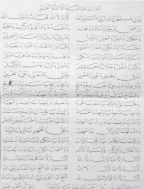 Tabel 1. Asmaul Husna Secara Latin  Ayyaa Maa Tad’uww Falahul Asmaul Husna  Ya Rabbii Subhanallah Ya Rabbii 
