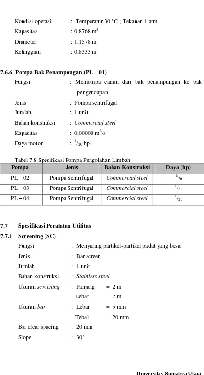 Tabel 7.8 Spesifikasi Pompa Pengolahan Limbah 