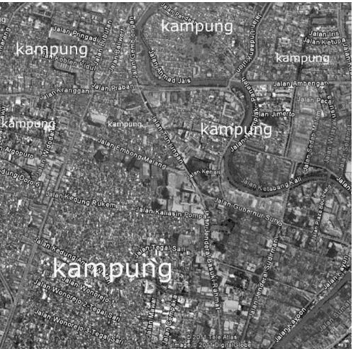 Gambar. 2.  Superimposisi  Majapahit hingga layer-layer kampung Surabaya sejak era Kampoong Improvement Program abad 21